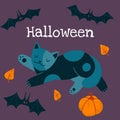 Helloween vector stock illustration with cute cat in a witch hat, bats and pumpkin Royalty Free Stock Photo