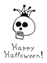 Skull with a royal crown. Black and white drawing. Halloween. Day of the Dead. Vector picture.