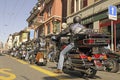 Hells Angels with their Harley Davisdson motor bikes driving through Longstreet of ZÃÂ¼rich City