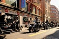 Hells Angels with their Harley Davisdson motor bikes driving through Longstreet of ZÃÂ¼rich City