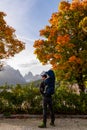 Helm - Hiker man with baby carrier next to golden colored trees in autumn in Sexten Dolomites