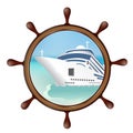 Helm and porthole with the ship. Concept advertising sea travel.