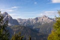 Helm - Scenic view of steep mount Haunold in majestic mountain range of untamed Sexten Dolomites Royalty Free Stock Photo