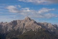 Helm - Scenic view of steep mount Haunold in majestic mountain range of untamed Sexten Dolomites Royalty Free Stock Photo