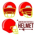 Helmet American Football Vector. Classic Red Rugby Head Protection Helm. Sport Equipment. Isolated Flat Illustration