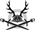 Helmet with antlers and Viking swords Royalty Free Stock Photo