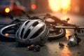 helmet of a bicycle rider on the street after bike crash or accident, backlight scene Royalty Free Stock Photo