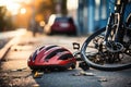 Helmet and bike lying on the road after a car hit a cyclist on a pedestrian crossing