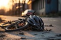 Helmet and bike lying on the road after a car hit a cyclist on a pedestrian crossing