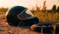 Helmet of a biker with scratches on top lies on the road. Wheel from a motorcycle is beside. Accident on the road. Generative AI Royalty Free Stock Photo