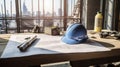 Helmet, blueprint and tools on a desk in a construction site. Drawing table for engineer, foreman and workman meeting and check a