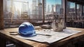 Helmet, blueprint and tools on a desk in a construction site. Drawing table for engineer, foreman and workman meeting and check a