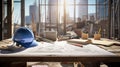 Helmet, blueprint and tools on a desk in a construction site. Drawing table for engineer, foreman and workman meeting and check a