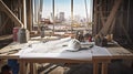 Helmet, blueprint and tools on a desk in a construction site. Drawing table for engineer, foreman and workman meeting and check a