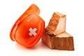 Helmet with court plaster and broken brick