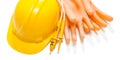 Helmet dielectric gloves and electric tester isolated Royalty Free Stock Photo