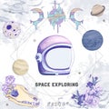 Helmet with explore word graphic design. Hand drawn illustration, purple color with planets and alien skull, Clip art set isolated