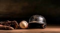 Helmet glove and old softball, close-up, with free space, idea for a banner. AI generated Royalty Free Stock Photo