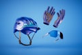 helmet, gloves, cycling goggles solated on blue background. 3d render