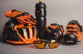 Helmet, gloves and water bottle - bicycle accessories