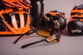 Helmet, gloves and water bottle - bicycle accessories Royalty Free Stock Photo