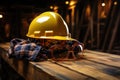 Helmet and goggles on a rustic wooden background, construction and engineering image