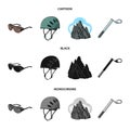 Helmet, goggles, wedge safety, peaks in the clouds.Mountaineering set collection icons in cartoon,black,monochrome style