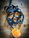 Helmet and harness ready for use at a high ropes and climbing course.