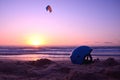 Helmet and kite surfer in the sea. sunset, beach of the Mediterranean Sea. Safety, Balance, extreme sports Royalty Free Stock Photo