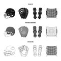 Helmet protective, knee pads and other accessories. Baseball set collection icons in black,monochrome,outline style Royalty Free Stock Photo