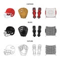 Helmet protective, knee pads and other accessories. Baseball set collection icons in cartoon,black,outline style vector Royalty Free Stock Photo