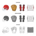 Helmet protective, knee pads and other accessories. Baseball set collection icons in cartoon,outline,monochrome style Royalty Free Stock Photo