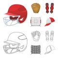 Helmet protective, knee pads and other accessories. Baseball set collection icons in cartoon, outline style vector symbol Royalty Free Stock Photo