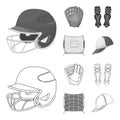 Helmet protective, knee pads and other accessories. Baseball set collection icons in outline,monochrome style vector Royalty Free Stock Photo