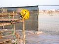 Helmet and safety glasses on a scaffold in a construction site Royalty Free Stock Photo