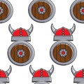 Norway history vikings armory seamless pattern helmet and shield