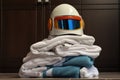 a helmet on top of a stack of clean towels