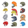 Helmet vector helm equipment protection or safety sport headpiece protecting head illustration set of motorcycle Royalty Free Stock Photo
