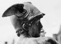 Helmet with wings of antique god of commerce, merchants and travelers Hermes Mercury. Ancient statue. Black and wwhite image Royalty Free Stock Photo