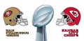 The helmets of the finalist American football teams are the San Francisco 49ers and the Kansas City Chiefs. Super Bowl
