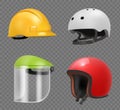 Helmets. Head protection sport and heavy industry helmets racing decent vector pictures realistic collection