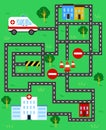 Help the ambulance find the way to the hospital. Color maze or labyrinth game for preschool children. Puzzle. Tangled road for