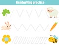 Help animals find food. Handwriting practice sheet. Educational children game. Tracing lines. early education worksheet for kids