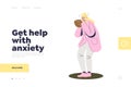 Help with anxiety landing page with cartoon woman breathing in paper bag Royalty Free Stock Photo