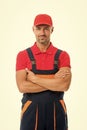 Help around house handyman service. Man helpful laborer. Repair and renovation. Repair tips. Guy worker in uniform Royalty Free Stock Photo