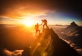 Help and assistance concept. Hiker helping friend reach mountain top, thanks to mutual assistance and teamwork. Hiker helping Royalty Free Stock Photo