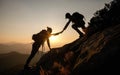 Help and assistance concept. Silhouettes of two people climbing on mountain and helping. Generative AI Royalty Free Stock Photo