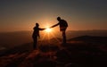 Help and assistance concept. Silhouettes of two people climbing on mountain and helping. Generative AI Royalty Free Stock Photo