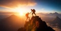 Help and assistance concept. Silhouettes of two people climbing on mountain thanks to mutual assistance and teamwork and Royalty Free Stock Photo