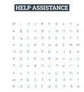 Help assistance vector line icons set. Aid, Assist, Support, Abet, Backing, Comfort, Facilitate illustration outline